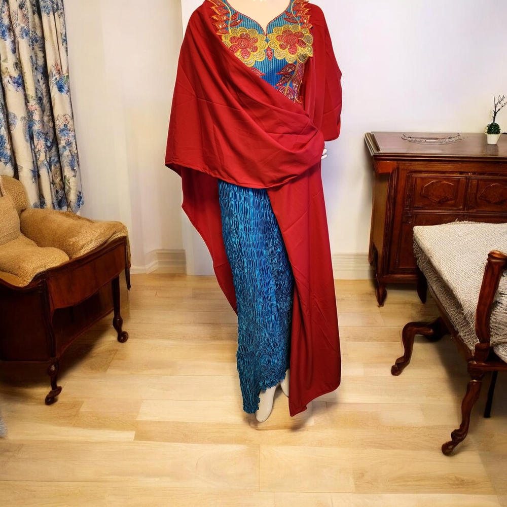 Vibrant Blue & Red Embroidered Maxi Dress with Red Shawl